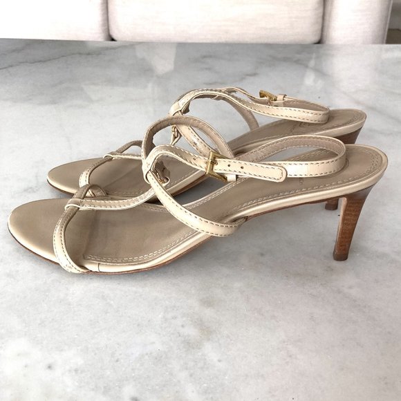 Tory Burch T strap nude beige & gold logo leather strappy sandal slingback heels - Picture 4 of 11